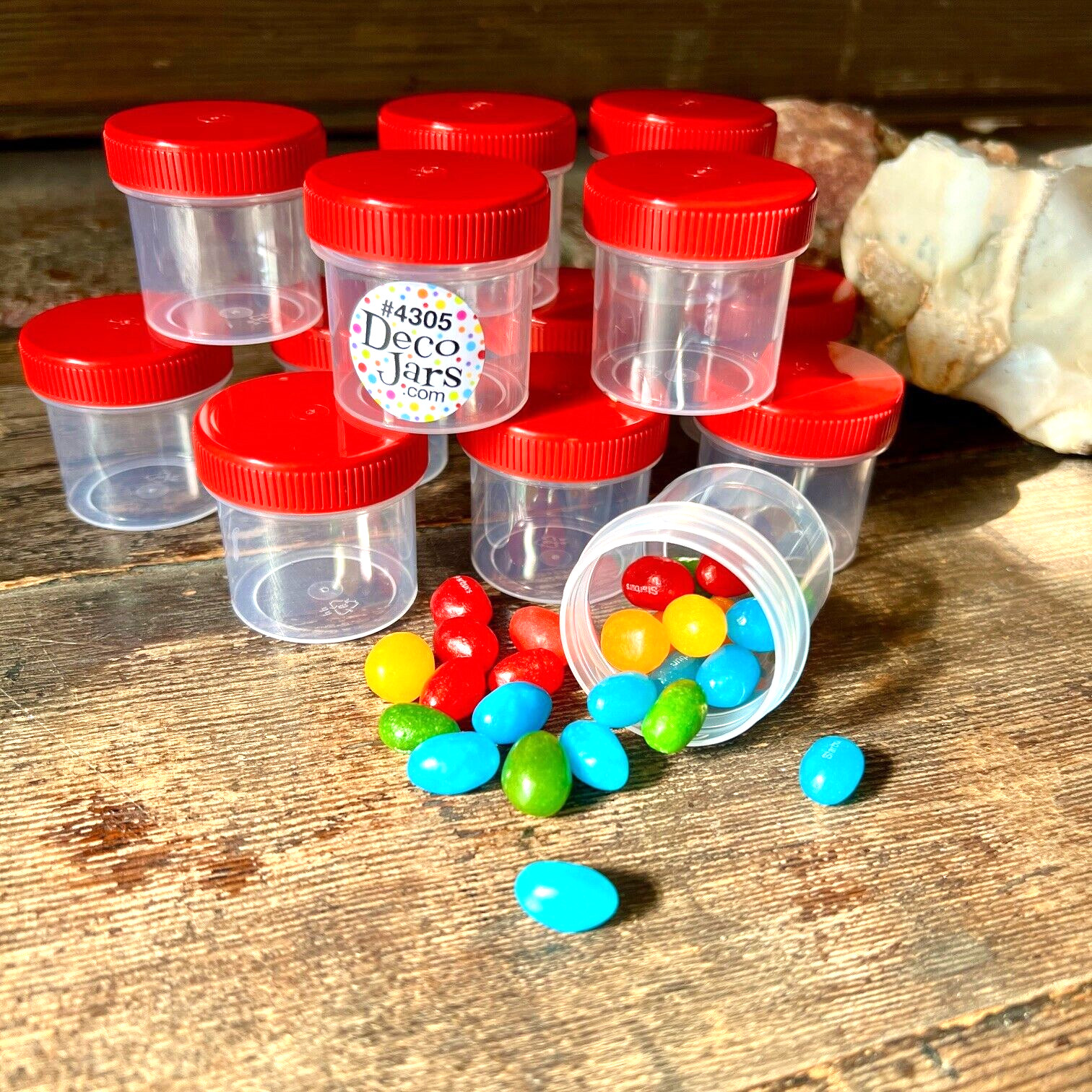 12 Clear Plastic Screw Jars Red Caps Makeup Containers 1 ounce 4305 USA Reusable