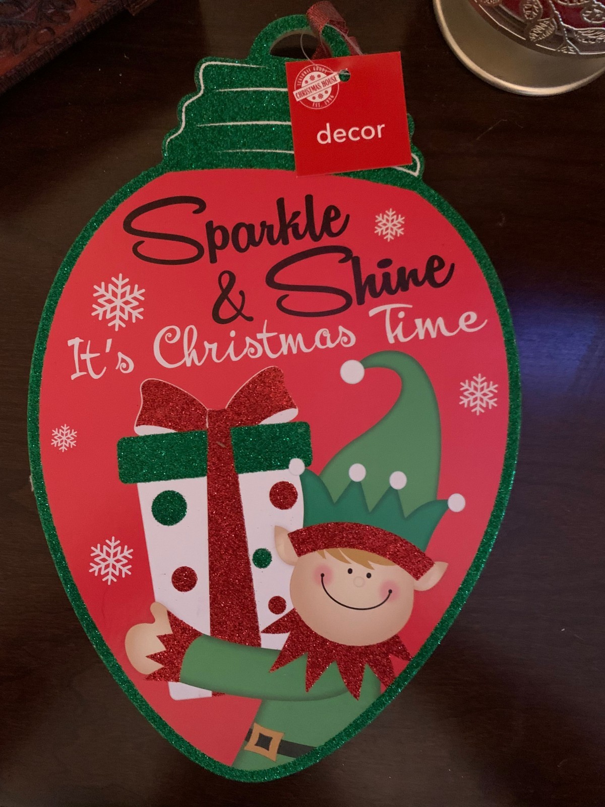 Sparkle & Shine Elf Christmas Bulb Wall Sign Door Hanging Decoration 8.5" x 12"