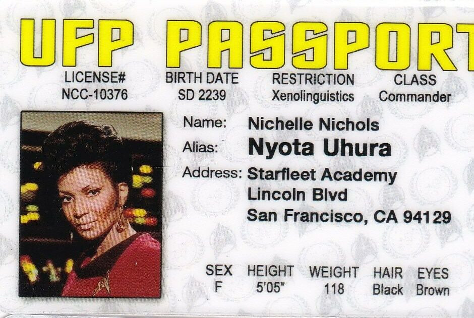 Nyota Uhura Nichelle Nichols Starfleet  movie prop Drivers License fake ID card