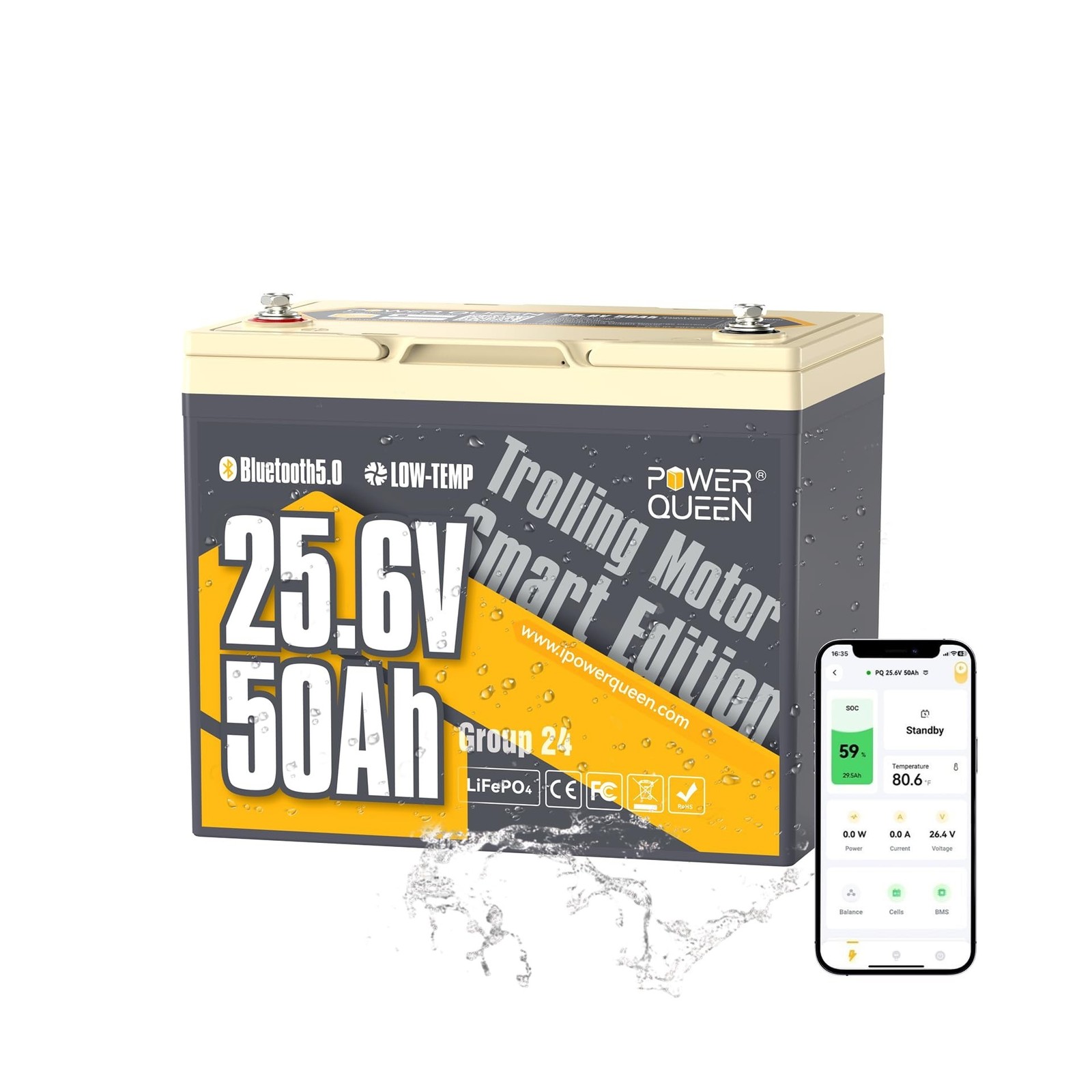 Power Queen 24V 50Ah LiFePO4 Battery with Bluetooth 5.0 Remote Control, Low-t...