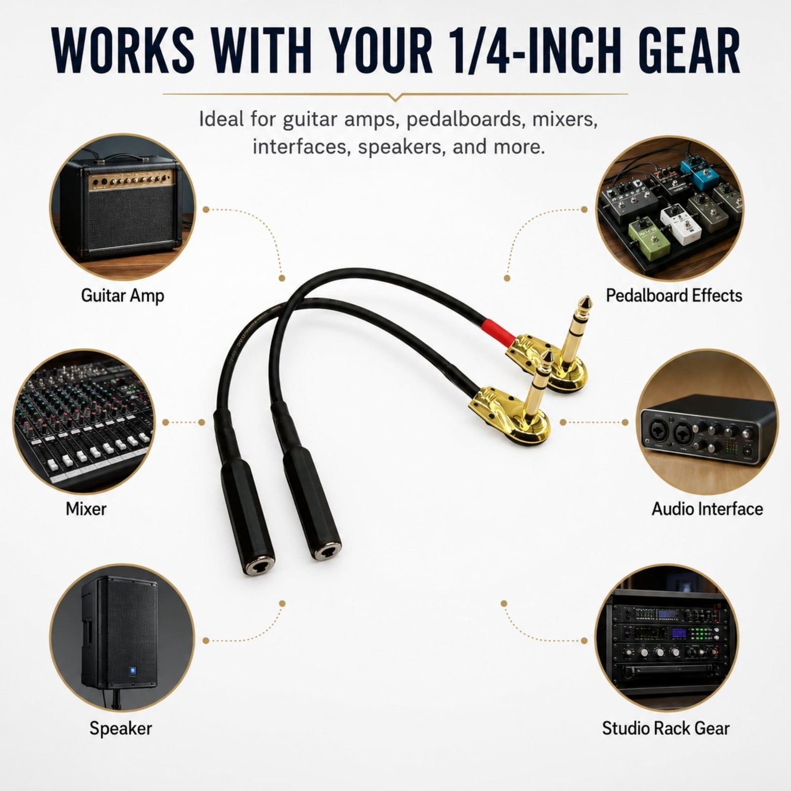 TRS Patch Cable 1/4 Right Angle 1Ft 2-Pack Gold Plated OFC for Pedalboard | 2...
