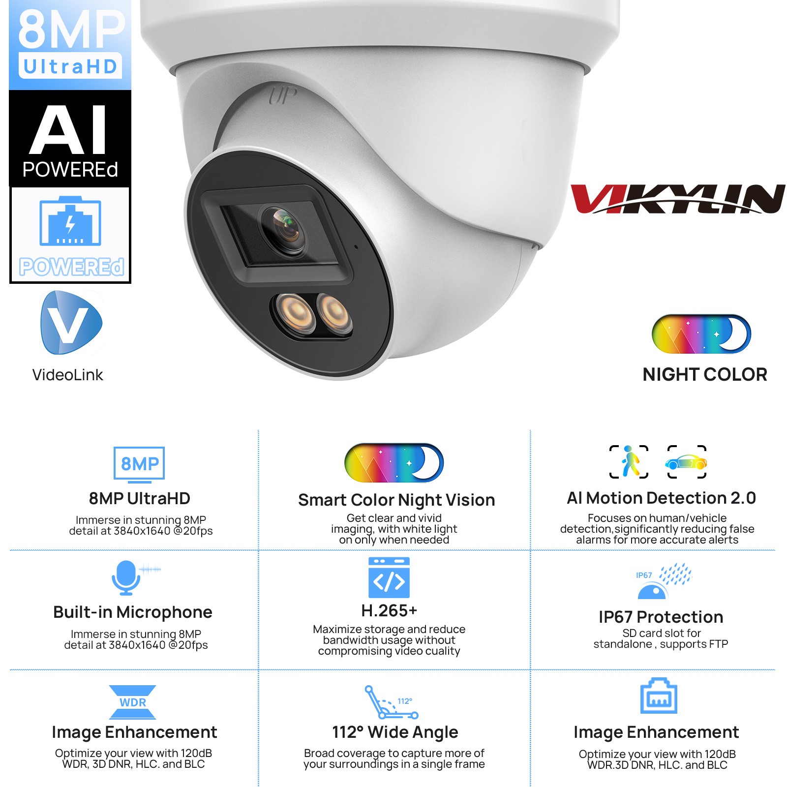 NEW VIKYLIN Full Color Turret POE 8MP 4K IP Camera Onvif Security Factory Direct
