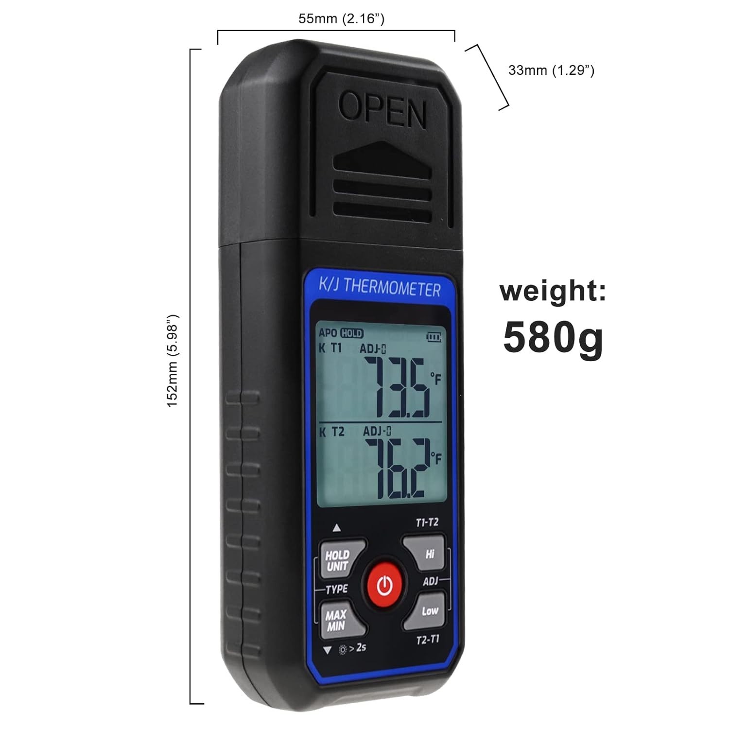 Professional Dual-Channel K/J Thermocouple Thermometer, Range -328°F to 2501°F