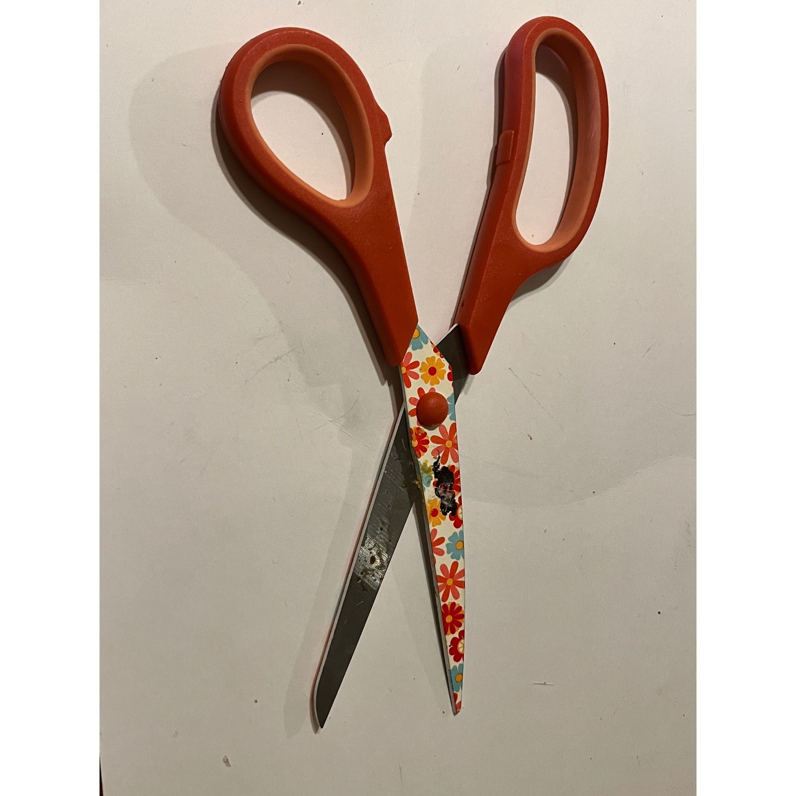 Floral Daisy Print Craft Scissors Orange Ergonomic Handle Retro Boho Shears 7 in