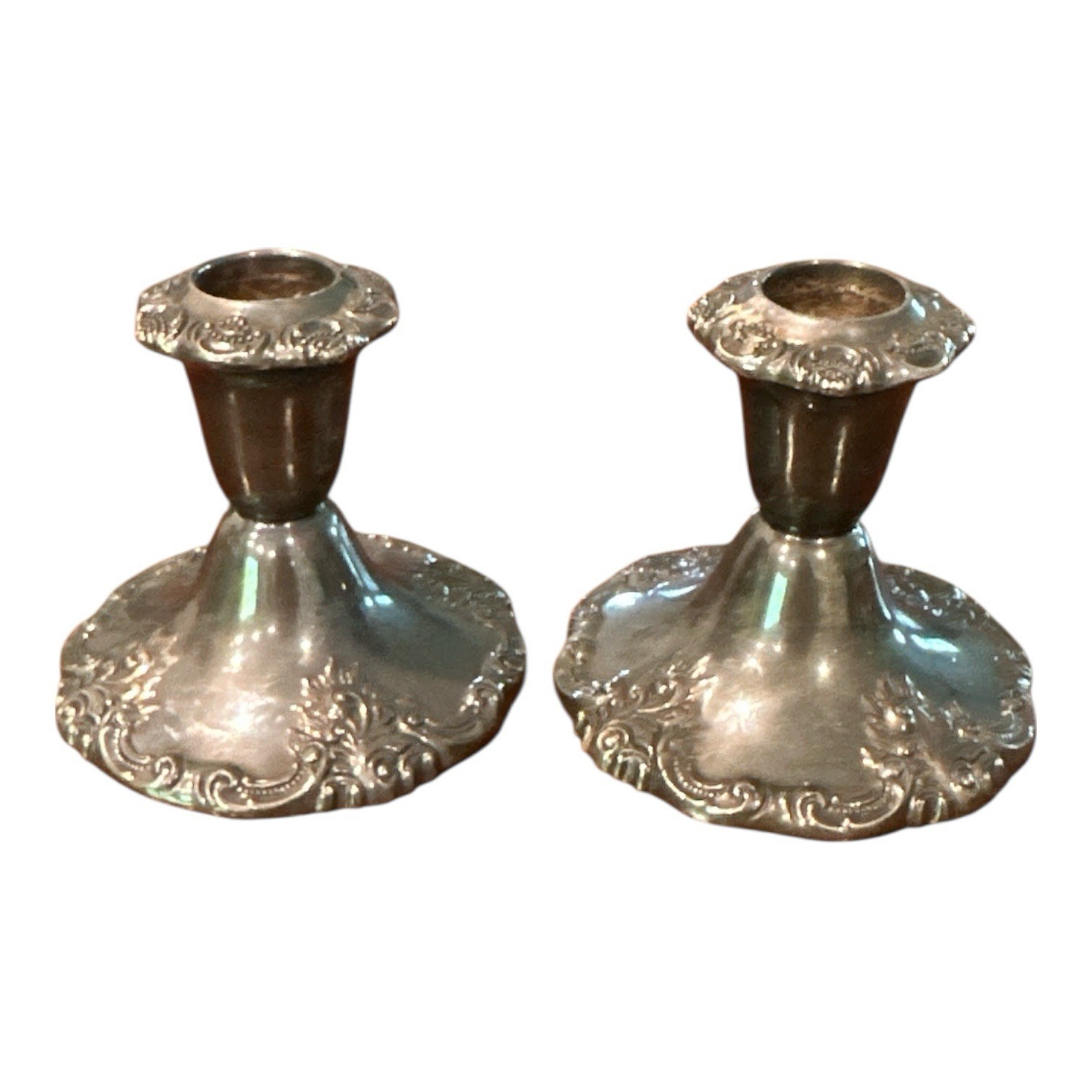 Pair of Heavy Vintage “Baroque” by Wallace 750 Silver Plated Candlesticks 3.5"