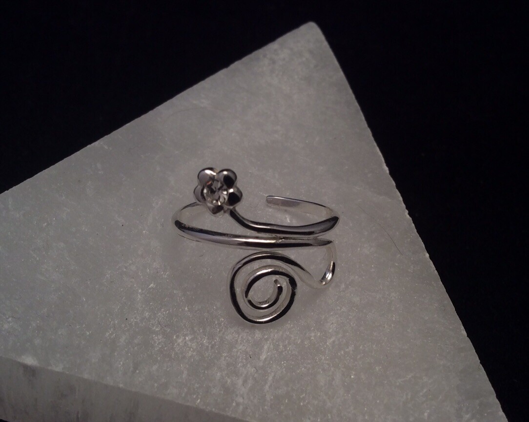 Sterling silver Adjustable Flower Rhinestone Scroll Toe Band Ring Signed HAN