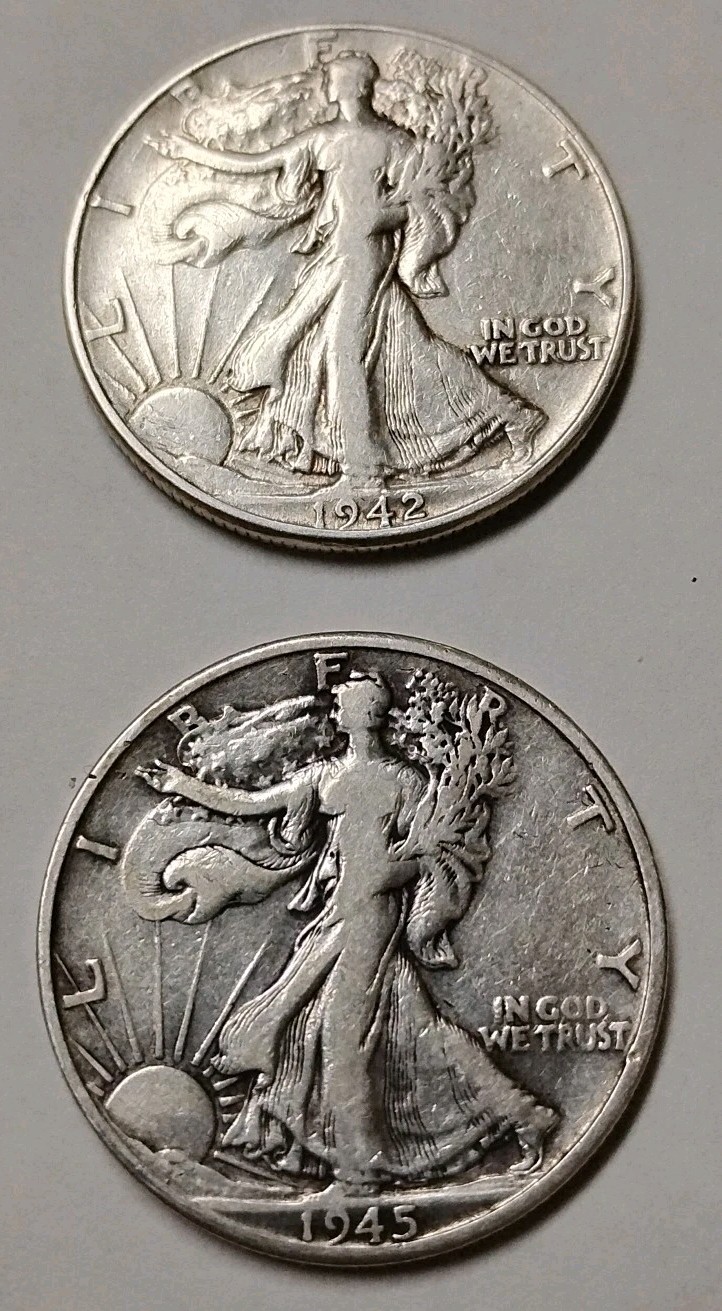 1942 P 1945 D $ 🔥Walking Liberty Half Dollars🔥90% Silver $1 Face Lot of 2 #B6