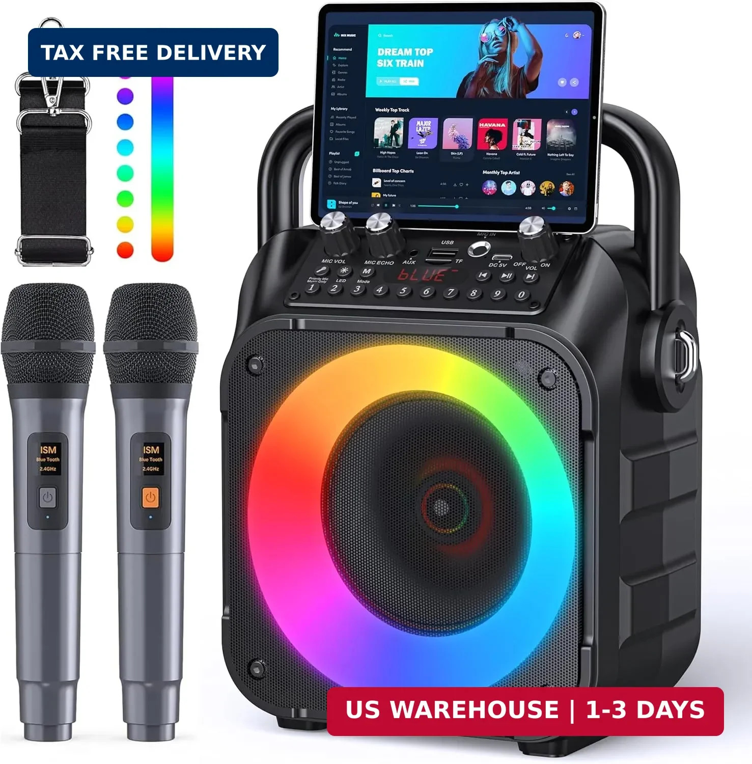 Karaoke Machine, Portable Bluetooth Speaker with 2 Wireless Microphones for Adul