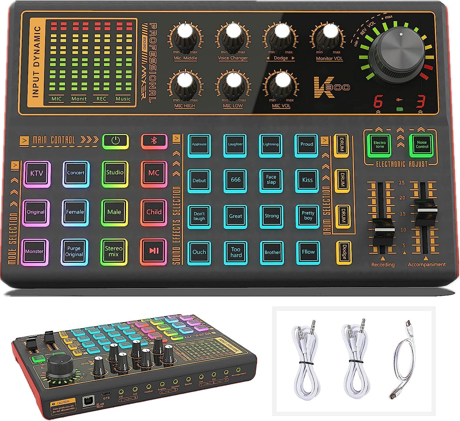 Sound Mixer Board, LED Light Voice Changer Sound Card with Multiple Sound Effect