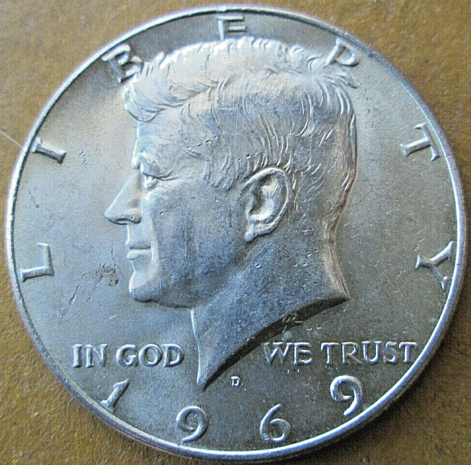 1969-D KENNEDY HALF DOLLAR, 40% SILVER, AU/MS DETAILS, CIRCULATED, NOT CLEANED