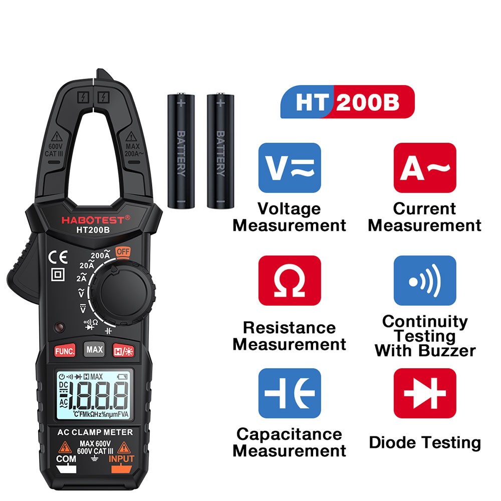 HABOTEST HT200B Handheld AC DC Clamp Multimeter Volt Am Ohm with Battery RMS