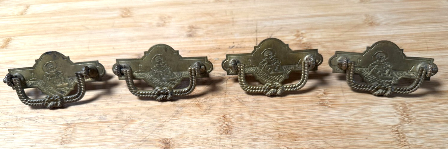 Antique Eastlake Victorian Style 4 Stamped Brass Drawer Pulls Rope Style Handles