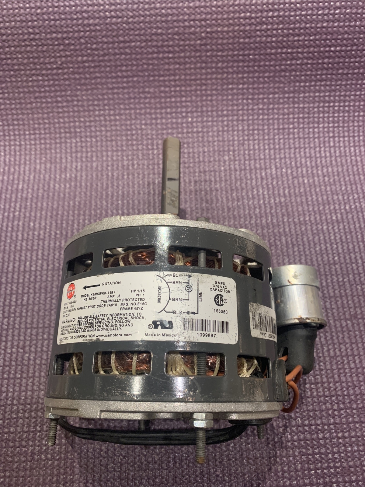 U.S. MOTORS. MODEL: K48HXFKK-1197 (1099897). MOTOR. 1/15HP. 208-230V. 1050 RPM.