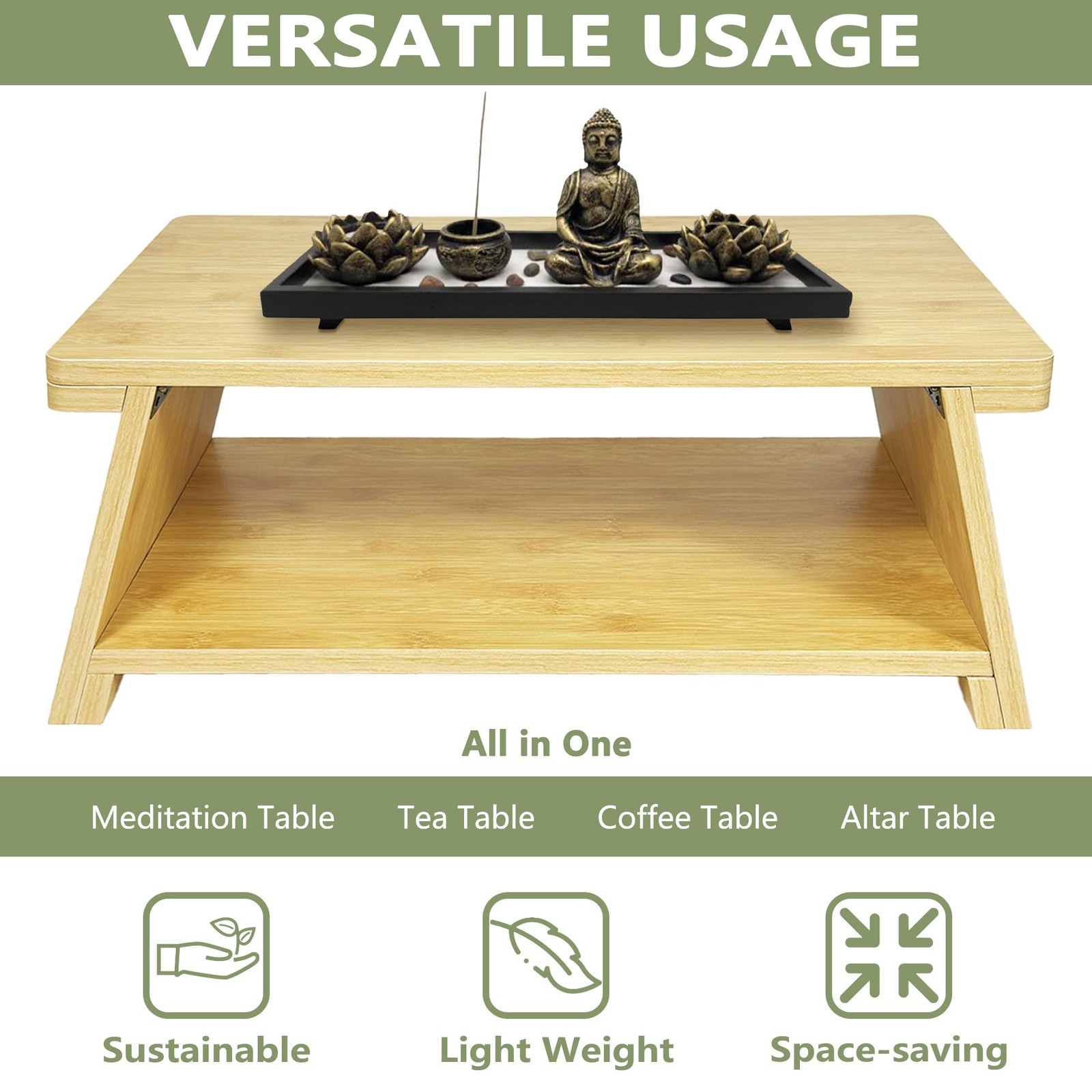 Floor Table, Altar Table Paulownia Folding Design, Low Meditation Table for S...
