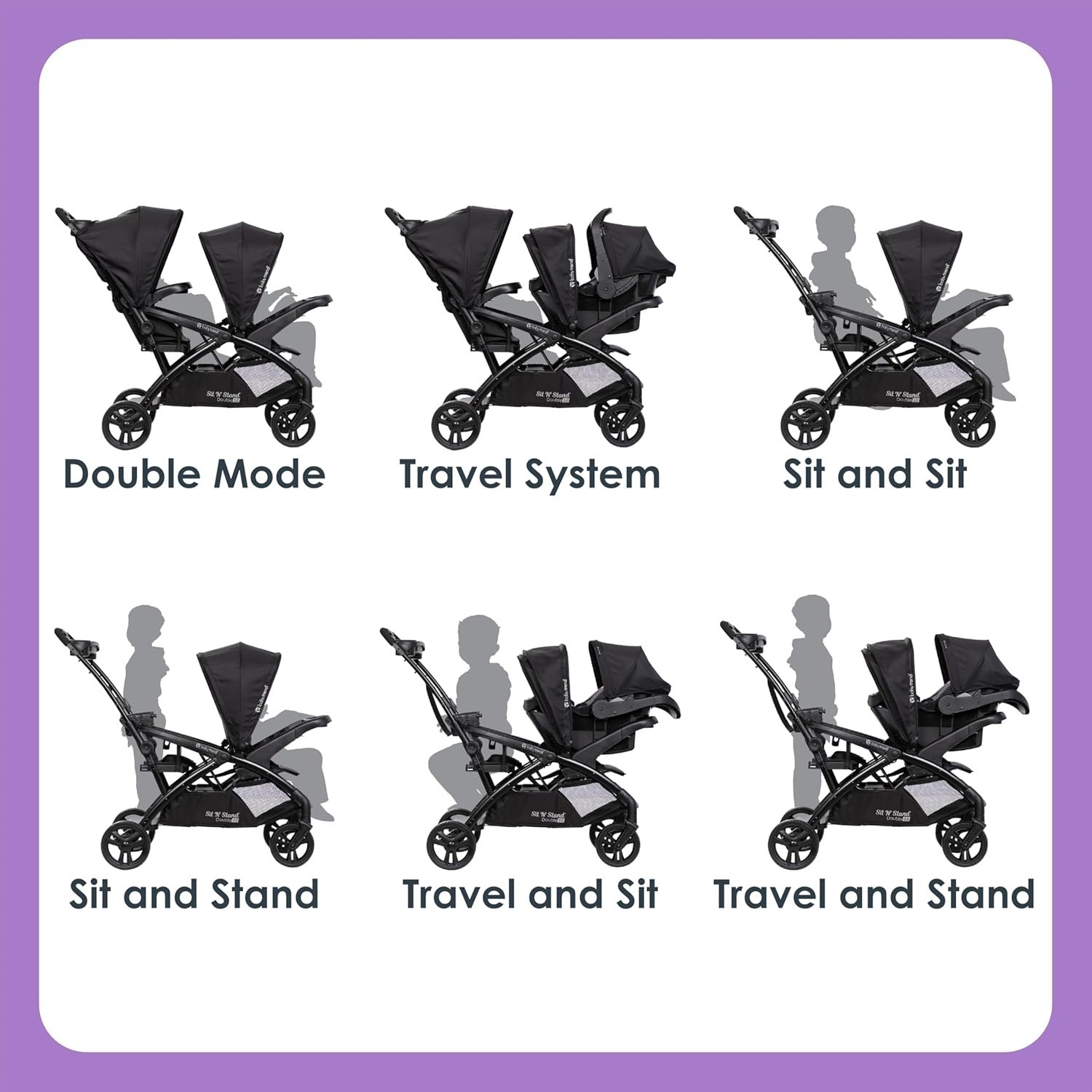 Sit N Stand Double Stroller Dash Black 5 Point Harness Adjustable Canopy