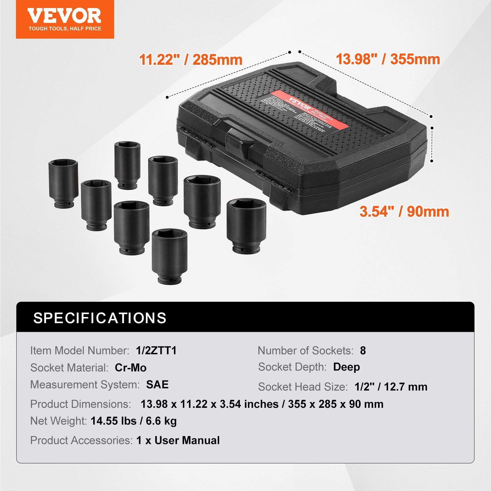 Axle Nut Impact Socket Set 1/2" Drive Deep 6-Point 8PCS SAE Nut Socket
