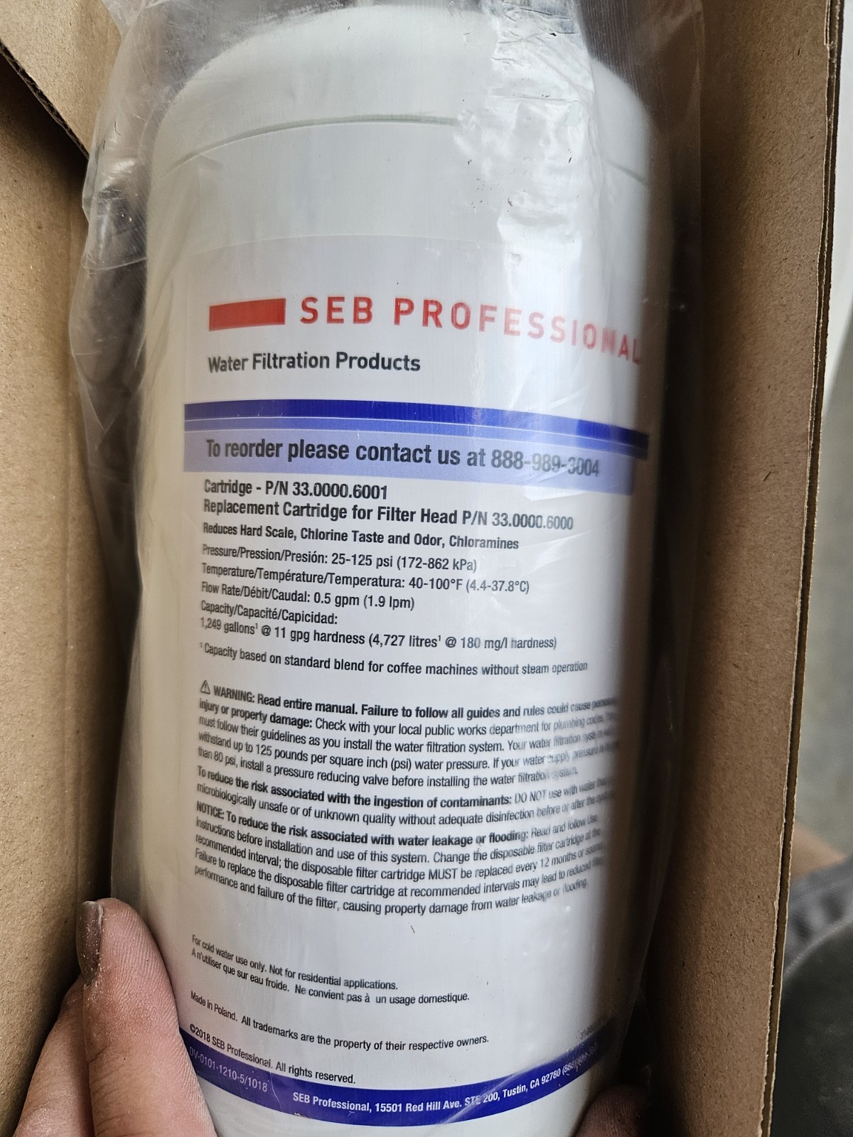 SEB Water Filter Replacement Cartridge PN: 33.0000.6001