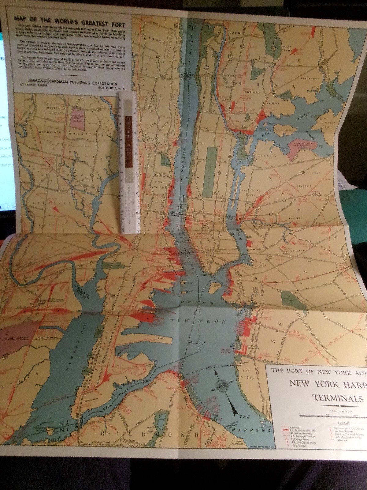 NEW YORK HARBOR TEMINALS - PORTS    SEPT 1949   COOL ITEM  approx 21.5" x  16.5"