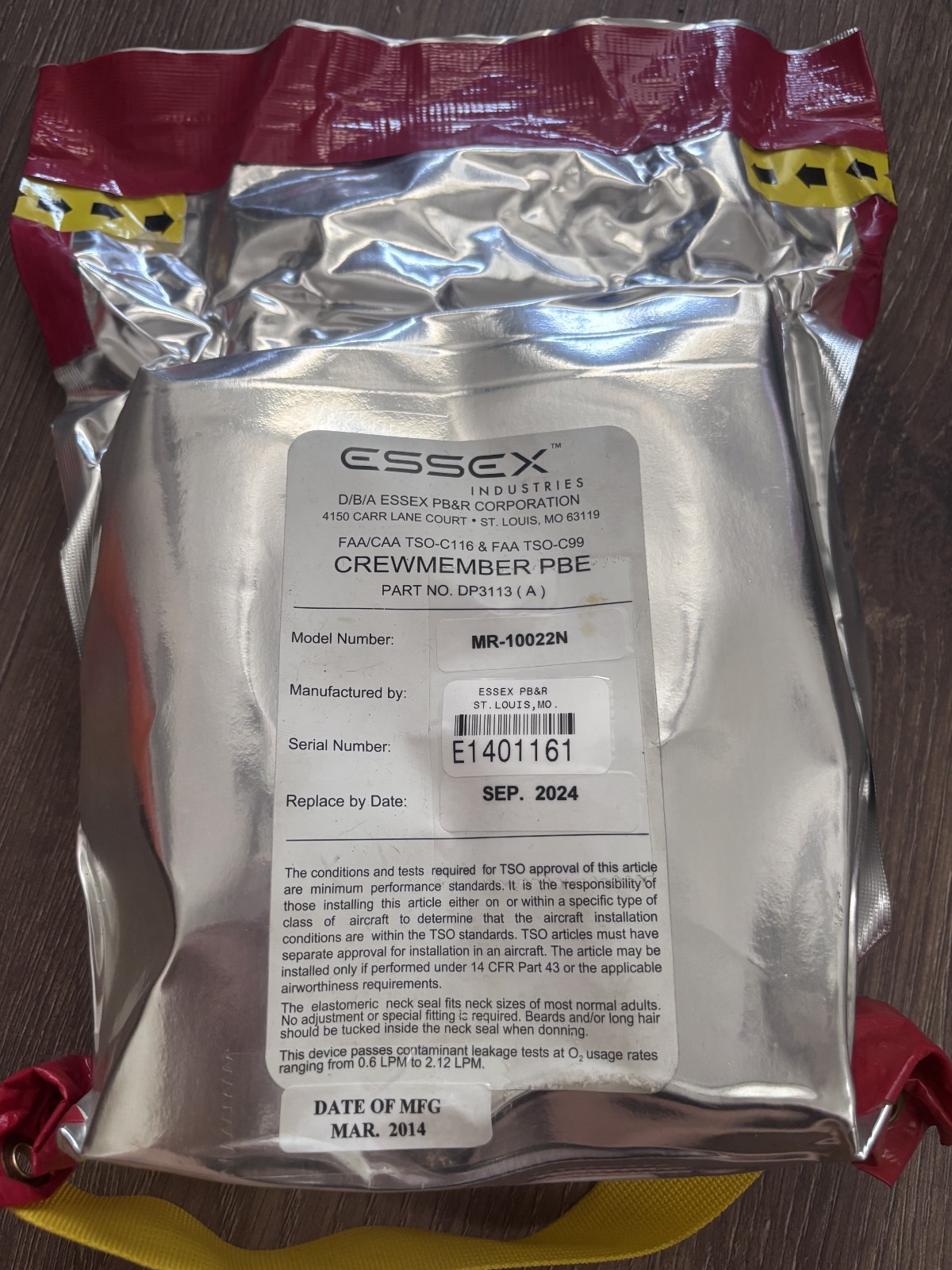 Essex Crewmember Protective Breathing Equipment (PBE)  MR10022N