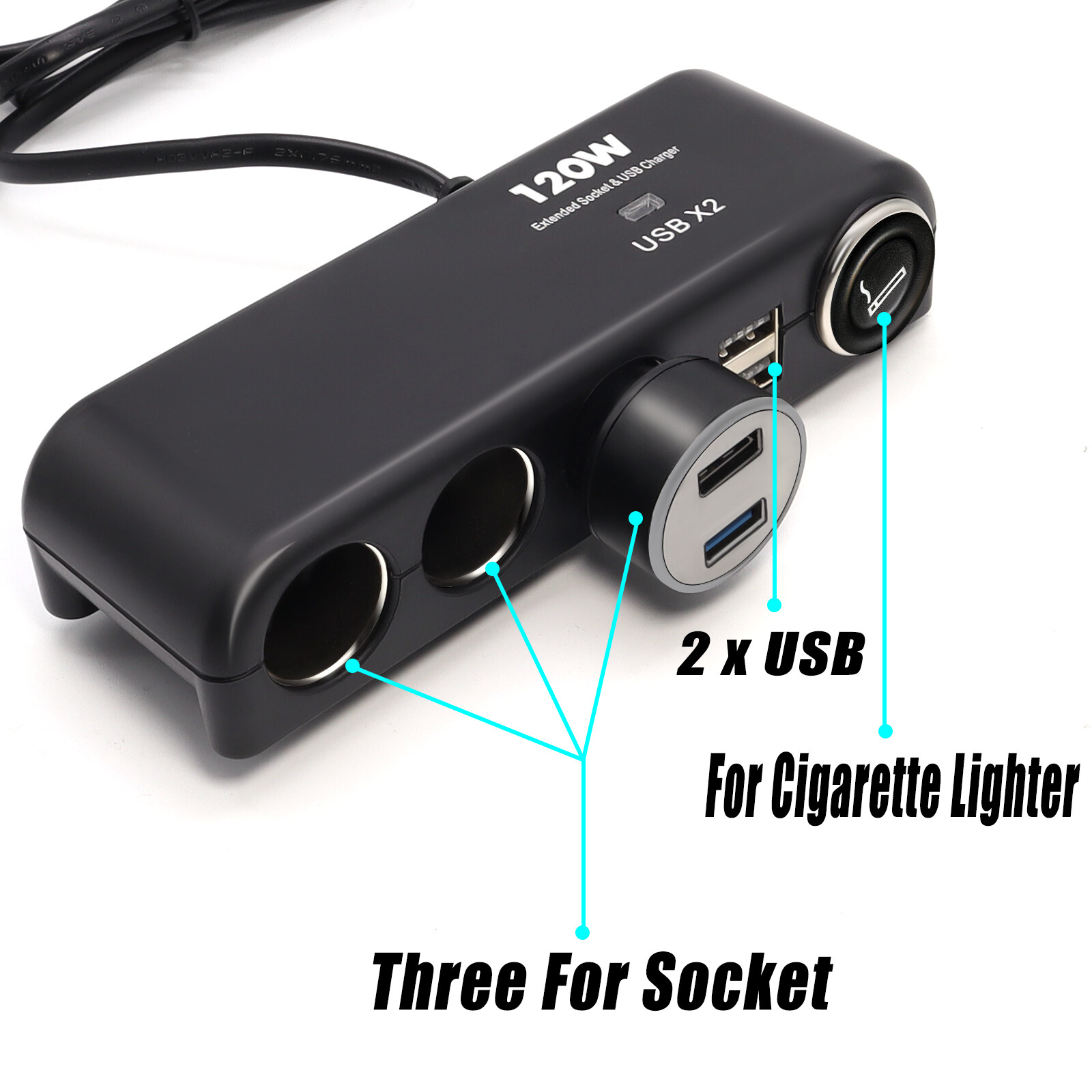 4 Way Multi Socket Car Cigarette Lighter Splitter USB 12V 120W Charger Adapter