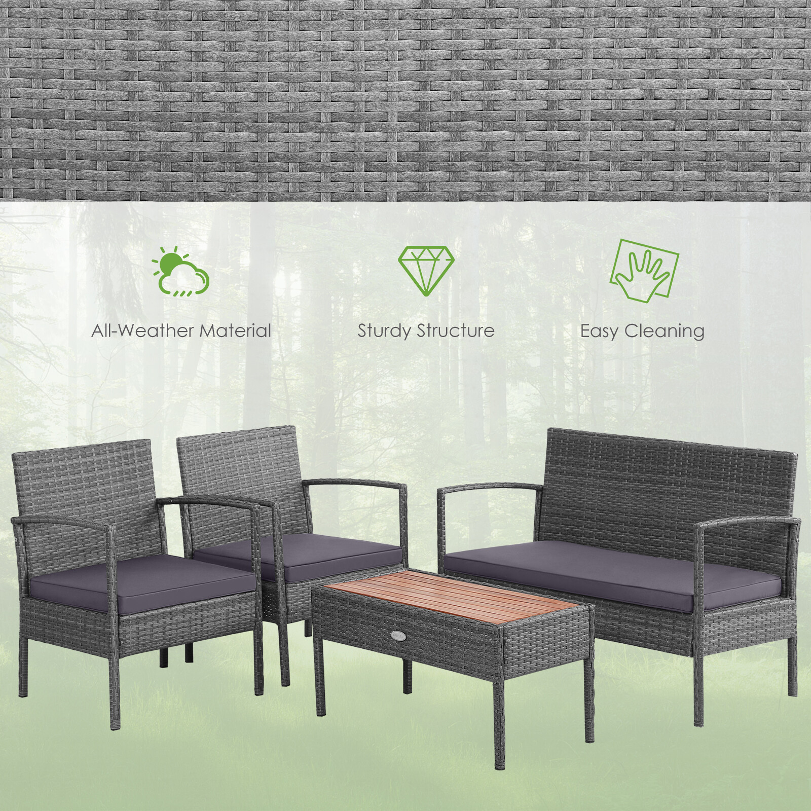 4PCS Patio Rattan Furniture Set Cushioned Chair Wooden Tabletop Outdoor Gray