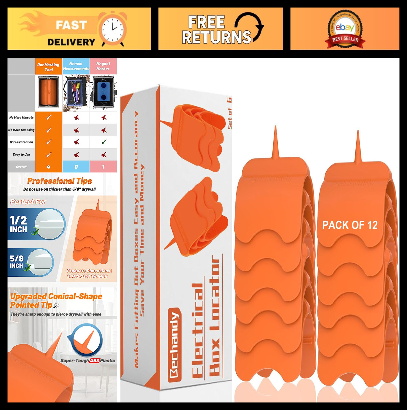 12 Pack Drywall Outlet Markers - No Measure Electrical Box Locator Tool, Durable