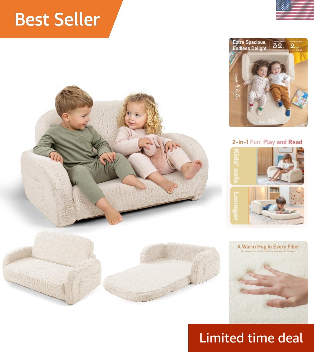 2-in-1 Sherpa Fold Out Kids Couch, Extra Wide Comfy Toddler Chair, Convertibl...
