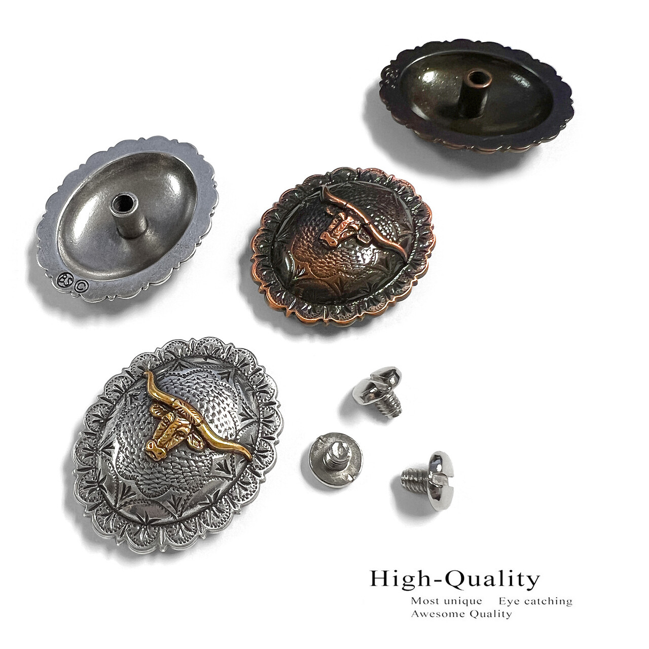 Western Antique Engraved Longhorn Steer Concho Screw Back Leather Craft Conchos