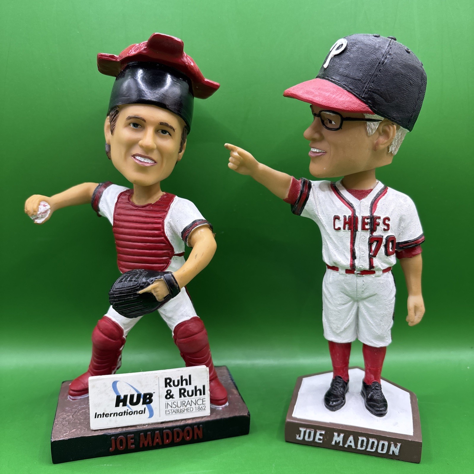 Lot of Two (2) Joe Maddon 7.5" Bobbleheads w/ Quad Cities Angels & Peoria Chiefs
