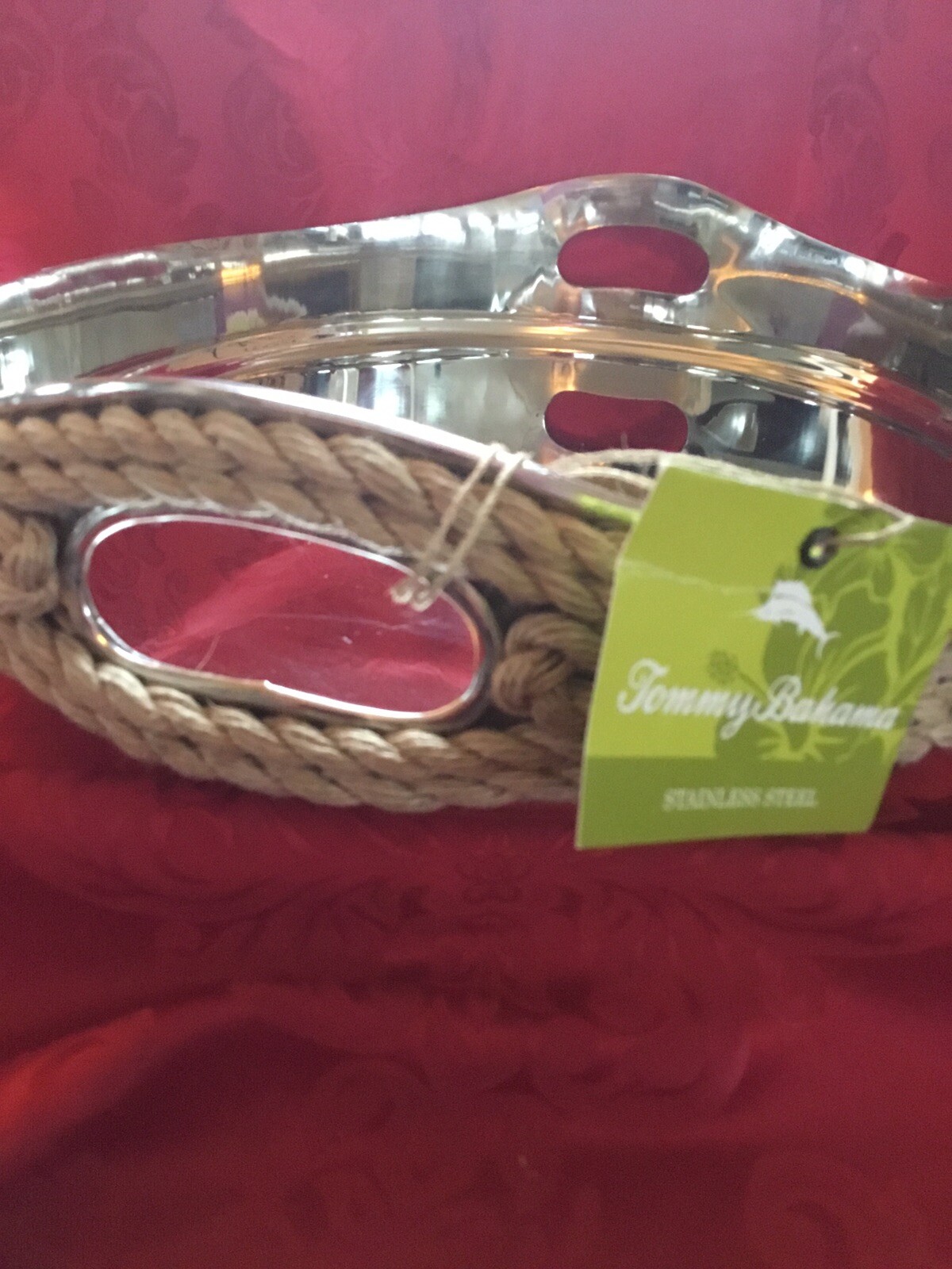 NEW Near FLAWLESS Exquisite TOMMY BAHAMA Silver ROPE WRAPPED HANDLE SERVING TRAY