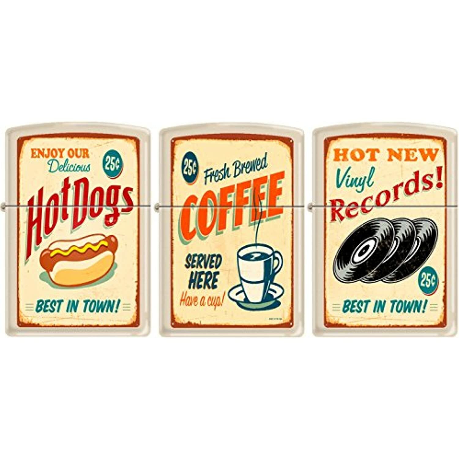 Zippo 3 Vintage Posters, Old Ad, Small Town Americana Cream Matte Rare (3 Set)