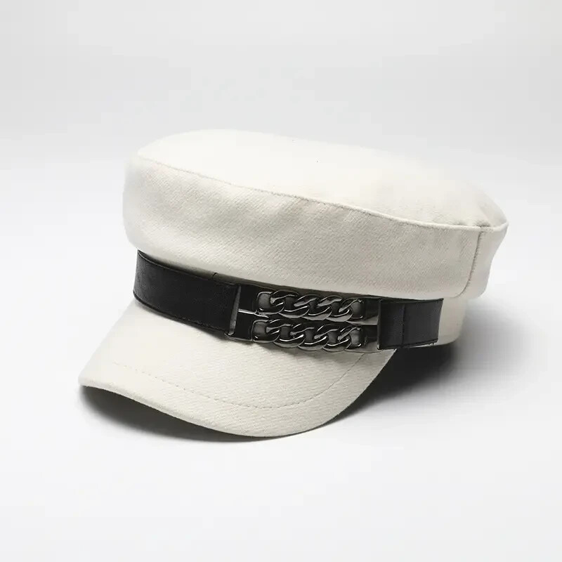 Cream Women's Beret Hat w/ Chain Decorated Peaked Cap Newspaper Hat Vintage