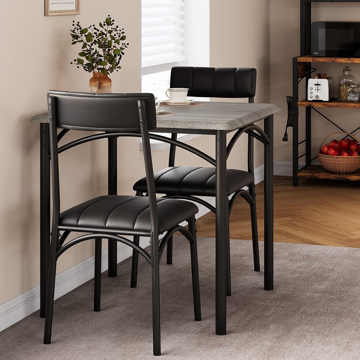 Modern Square 3Pcs Dining Set for 2 w/Upholstered Chairs, Compact, Easy Assembly