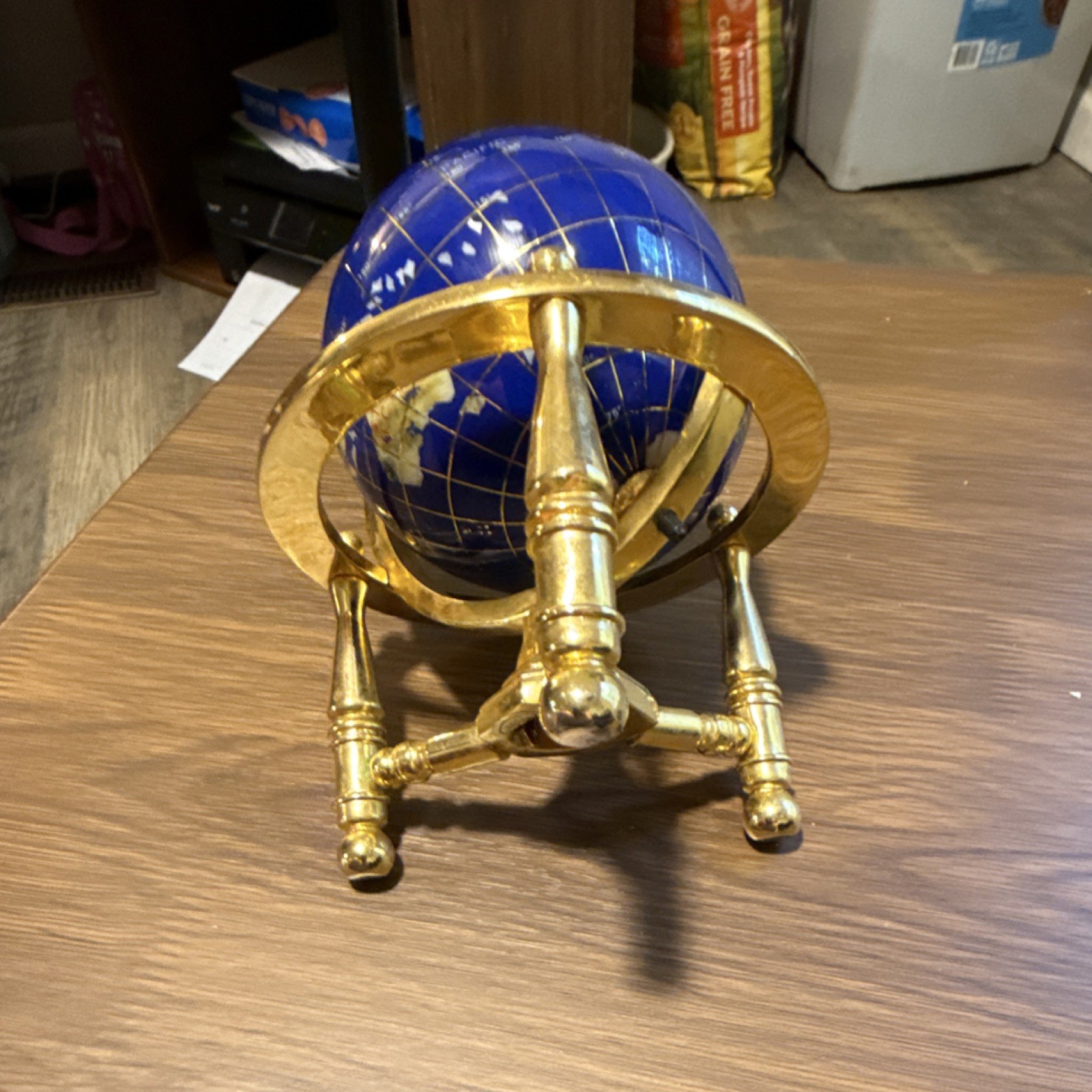 Globe Small Blue Gemstone Tabletop Rotating Brass Stand 8in Decorative Globe