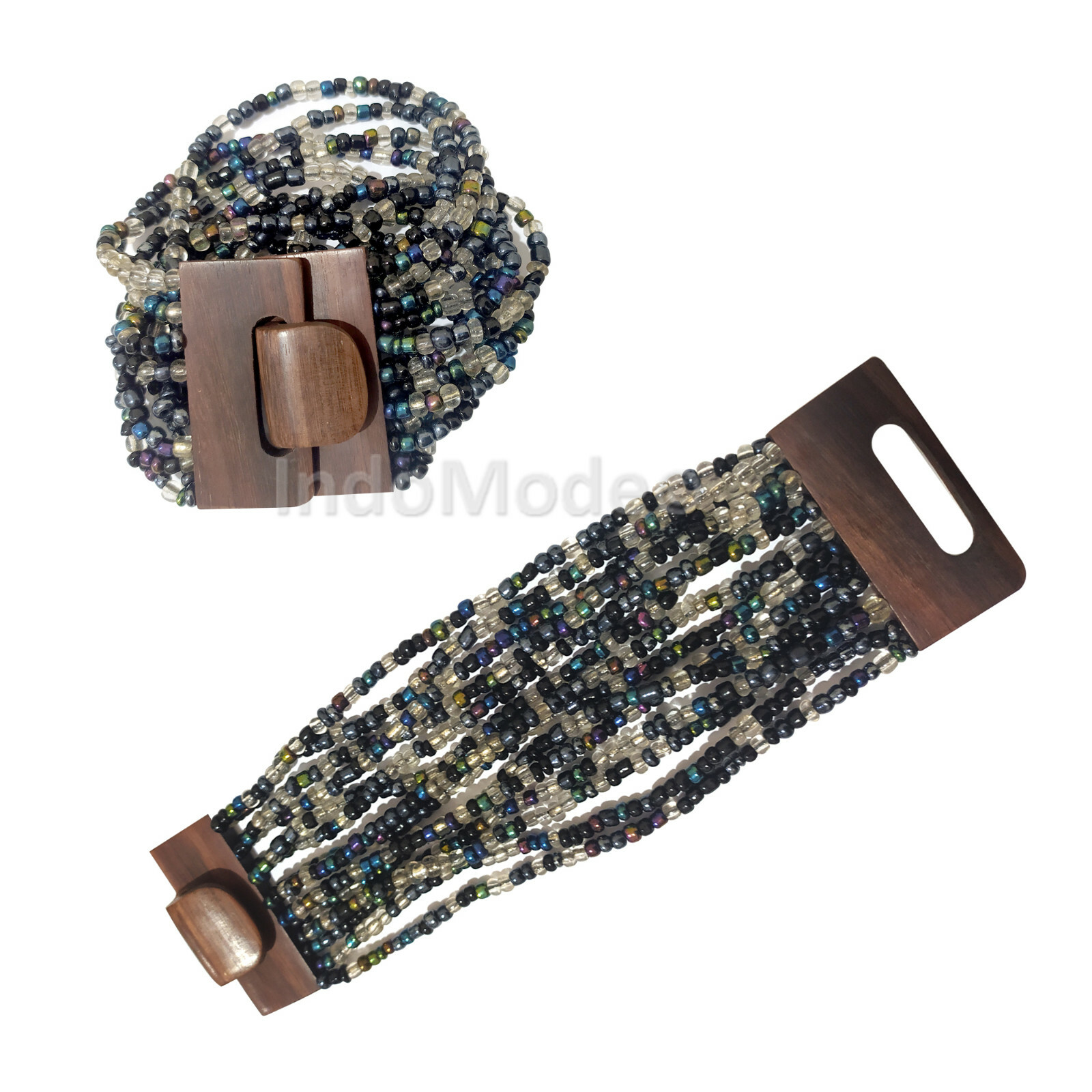 Black Rainbow Chrome 14-strand Beaded Bali Bracelet with Wood Buckle IndoMode®
