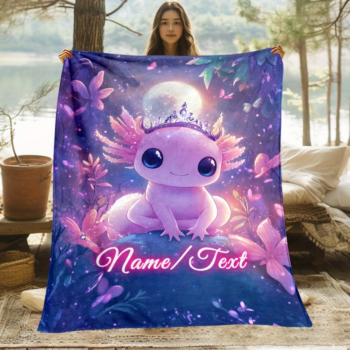 1pc Custom Name Purple Axolotl on Rock Blanket - Lightweight Flannel Home Furni