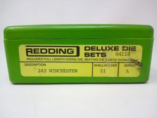 REDDING 243 WIN FULL LENGTH SIZING DIE, SEATING DIE, & NECK SIZING DIE.  USED