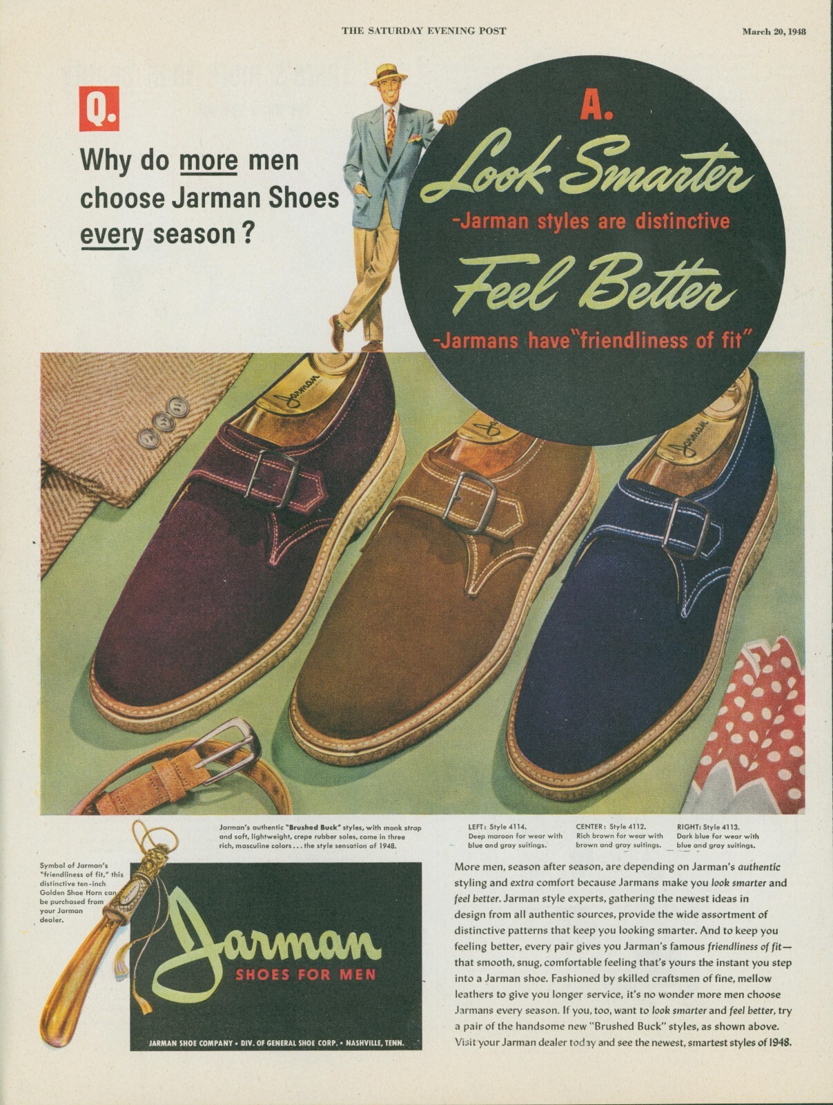 1948 Jarman Shoes Men Brushed Buck Belt Golden Shoe Horn Vintage Print Ad SP14