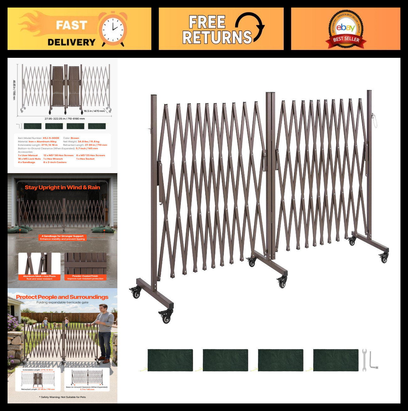 Expandable Safety Barrier 27FT, Rotatable Mobile Barricade with Locking Casters,