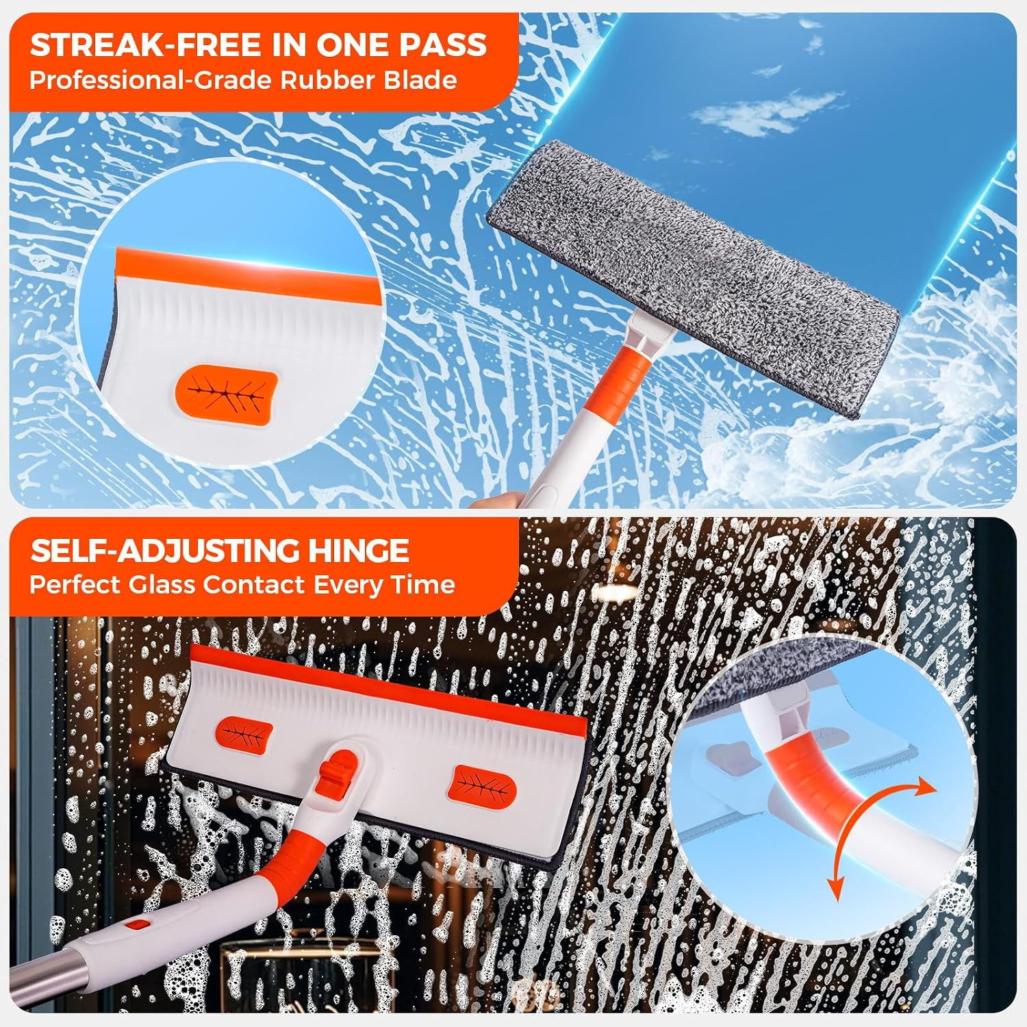 Professional Window Squeegee 2-In-1, Window Cleaner with 55" Extension Pole, Pre