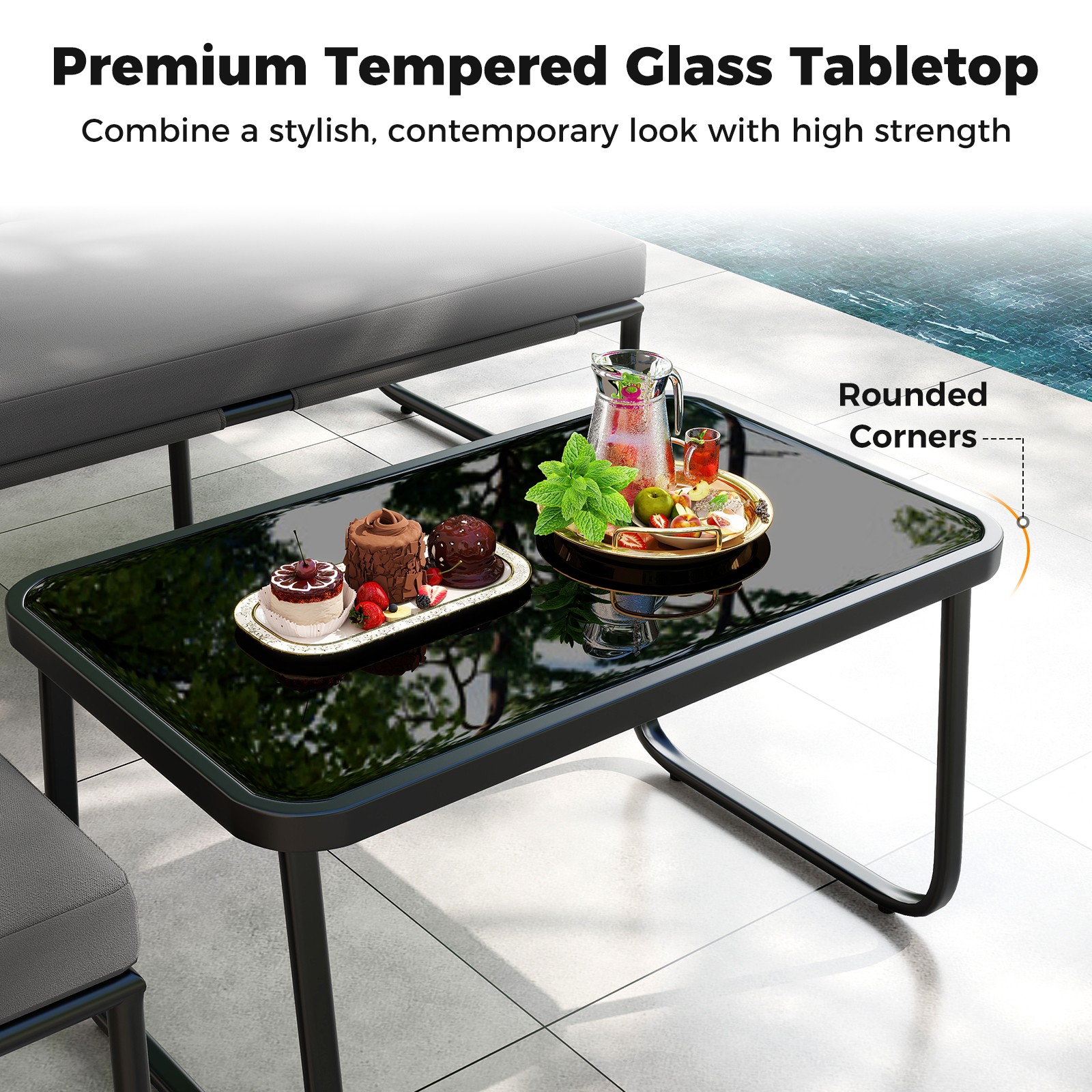 4 PCS Patio Furniture Set w/Cushions & Tempered Glass Coffee Table for Garden