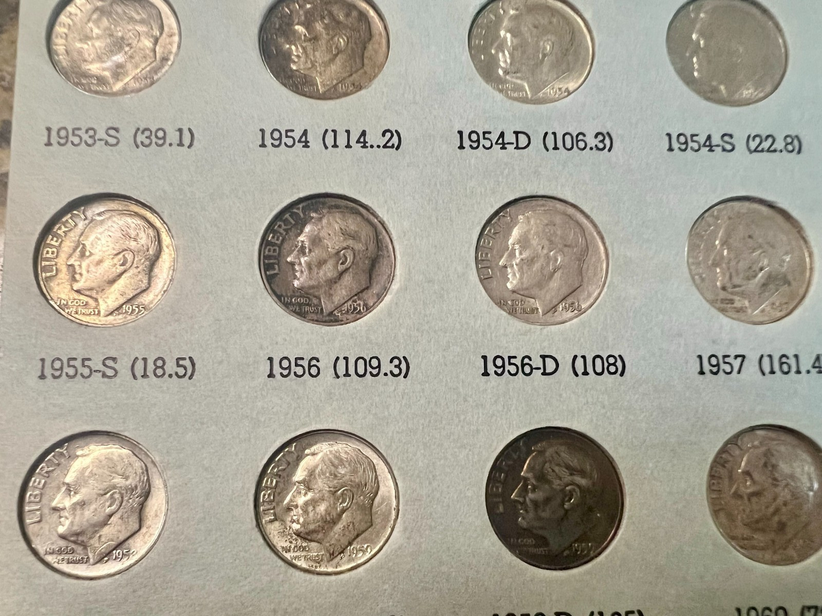 Roosevelt Dimes Set 1946-2004: 48 Silver Coins Total plus 79 Clads, Some Toned