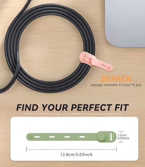 20Pack Silicone Cable Ties - [4 Adjustable Holes] Elastic Reusable Multicolor