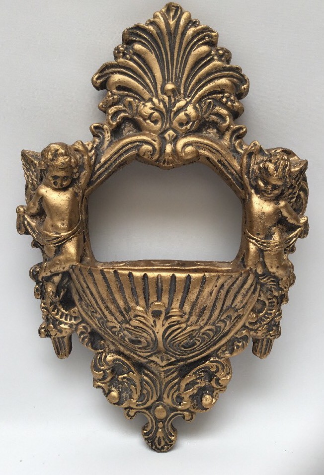 Gold Cherubs Hollywood Regency Pottery Wall Planter Pocket Angels 18”