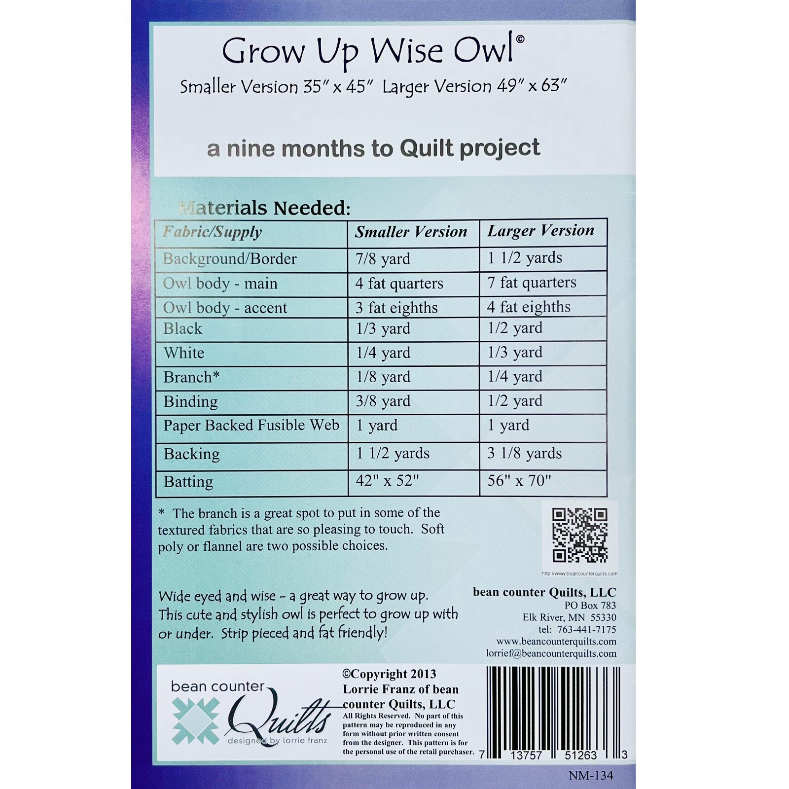 Grow Up Wise Owl Quilt PATTERN NM-134 from Bean Counter Quilts 2013