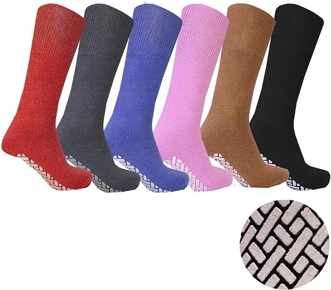 6 Pairs Men Women Gripper Non Skid Diabetic Crew Socks Non Binding Loose Fit Top