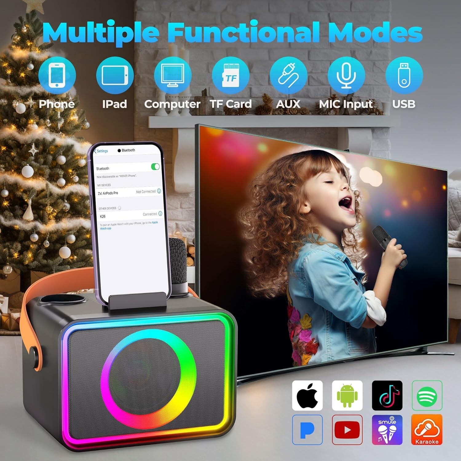 Karaoke Machine, Portable Bluetooth Karaoke Speaker with 2 Wireless Microphones