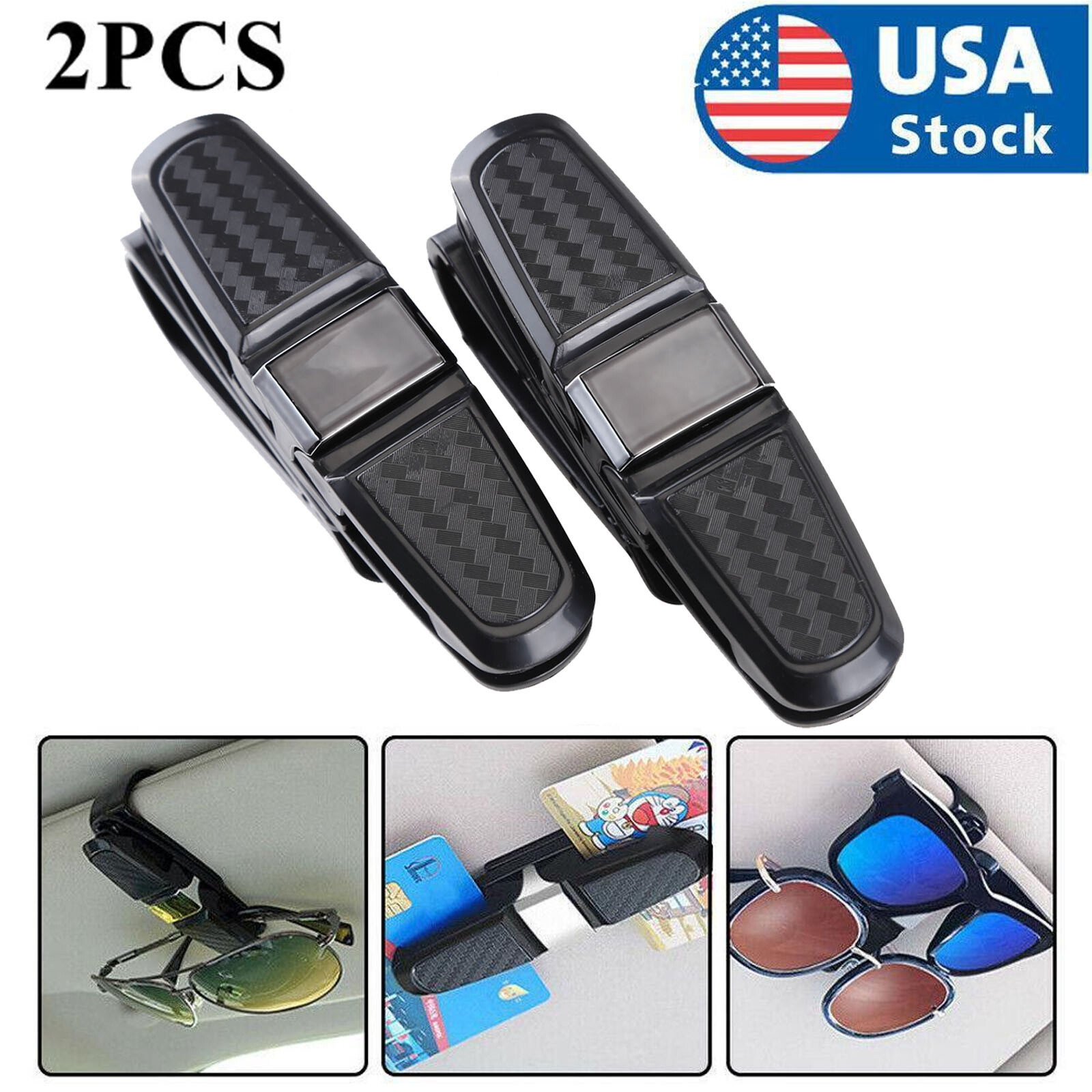 2Pack Universal Car Sun Visor Glasses Clip Carbon Fibre Sunglasses Cards Holder