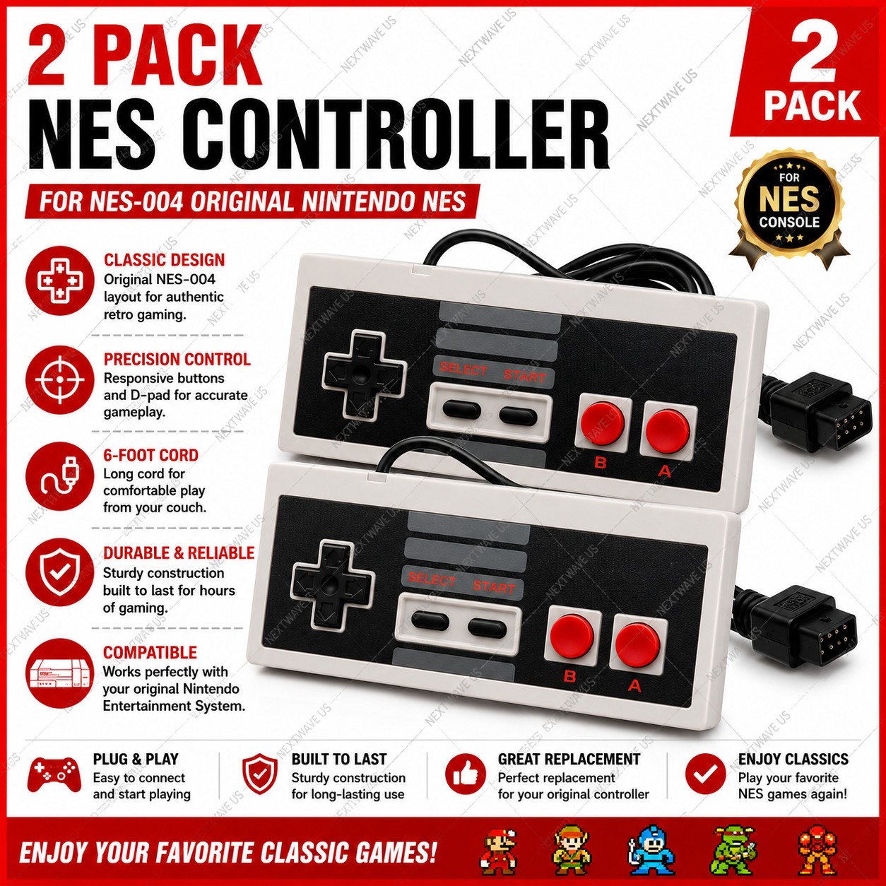 NES Classic Style Wired Controllers 2 Pack for Original Nintendo Console