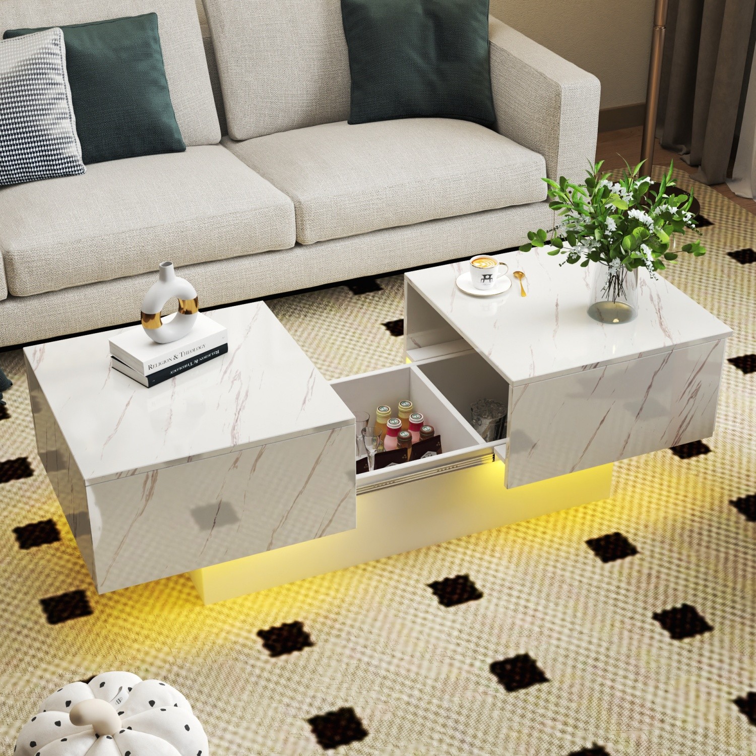 LED Coffee Table Center Cocktail Table w/ Sliding Tabletop & Hidden Compartment